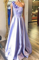 One Shoulder Purple Satin Long Semi Formal Prom Dresses with Flowers, Purple Formal Evening Dresses